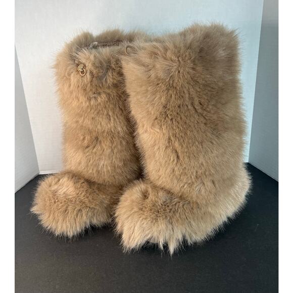 ZARA Brown Cream Faux Fur Limited Edition Mid Calf Toggle Pull Flat Boots READ - Picture 1 of 12
